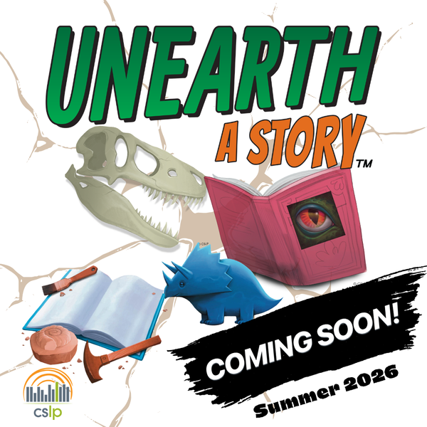 Unearth Summer Reading Logo with books and dinosaur graphics